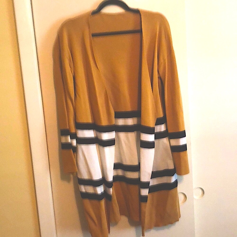 Mustard Oversized Cardi w White and Black Stripes